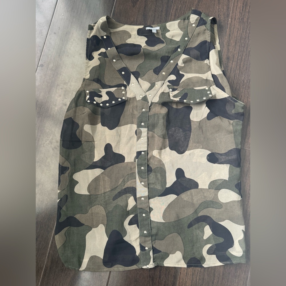 Sheer Camouflage Sleeveless Top with Studded Details
